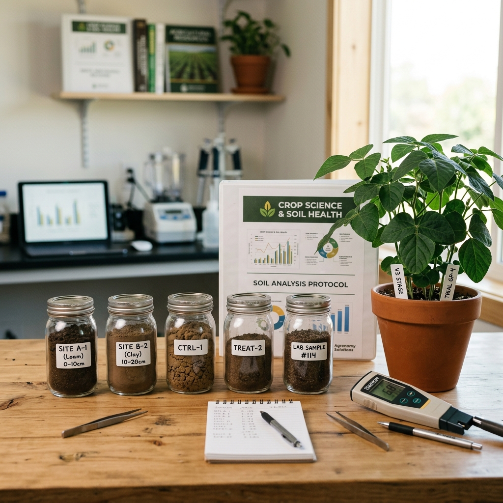 Clean crop science soil testing setup with soil sample jars and green leaves